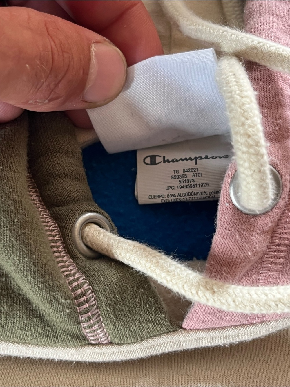 Champion men’s L' Colorblock Hoodie - Cream/Blue/Olive/Pink - Picture 3 of 7